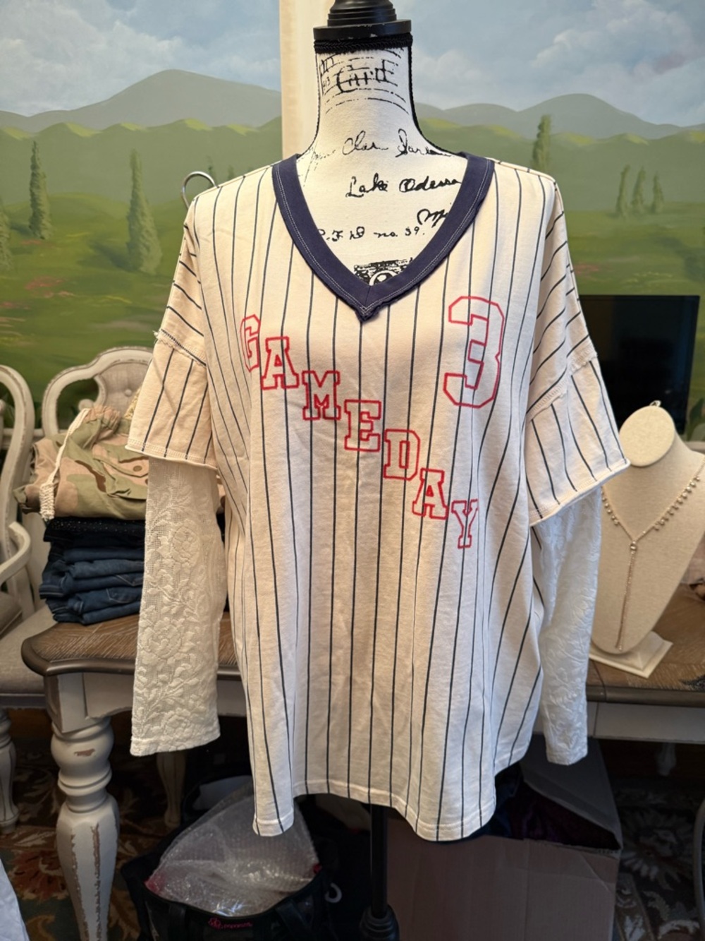 eesome Cream Pinstripe 'Gameday' Jersey with Red Accents NWOT